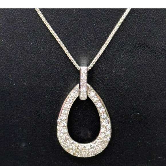 FAS Italy Cubic Zirconia Teardrop Pendant Necklace Sterling Silver Box 18" VTG - Picture 1 of 8